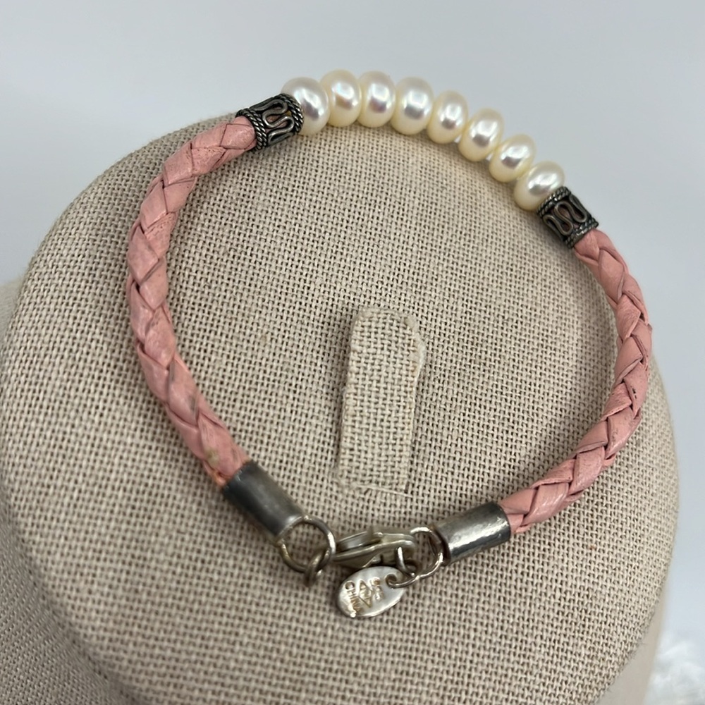 🌸 Vintage Honora Pink Leather & Pearl Bracelet - 7.25" Lobster Clasp - Picture 6 of 9
